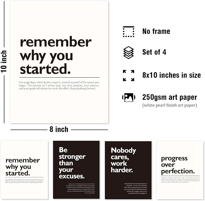 DSHFG Motivational Office Pictures Wall Decor Prints Set of 4 | Black Motivational Wall Art Office Decor Retro Posters Prints for Office Home Decor, 8x10 Unframed