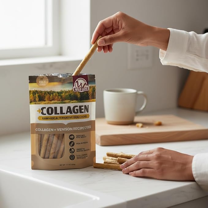 Wild Eats Venison Collagen Sticks for Dogs 15 Pack, Bully Stick Alternative | Rawhide and grain free no hide chew treats, 1 cm chew width, high protein, long lasting, satisfies natural gnawing urges