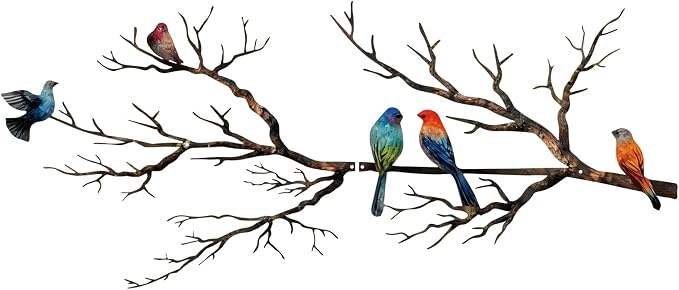 ESTART Metal Birds Wall Art, Metal Vivid Birds on Branch Silhouette Wall Decor Black Leaves with Bird Outdoor Hanging Wall Sculpture for Home Balcony Garden (Classic Color, Large)