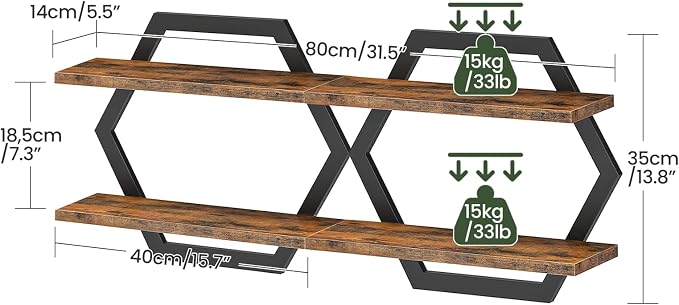 Hexagon Floating Shelves for Wall, Set of 2, 2 -Tier Hanging Shelves, Wall Mounted Storage Shelves, for Living Room, Bedroom, Kitchen, Home Office, Study, Rustic Brown and Black TBJ06P2BF