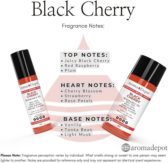 Aroma Depot Black Cherry Roll On Perfume Oil 10ml – Alcohol Free Fragrance Body Oil – Skin Safe, Phthalate Free, Travel Size 0.33 Fl Oz