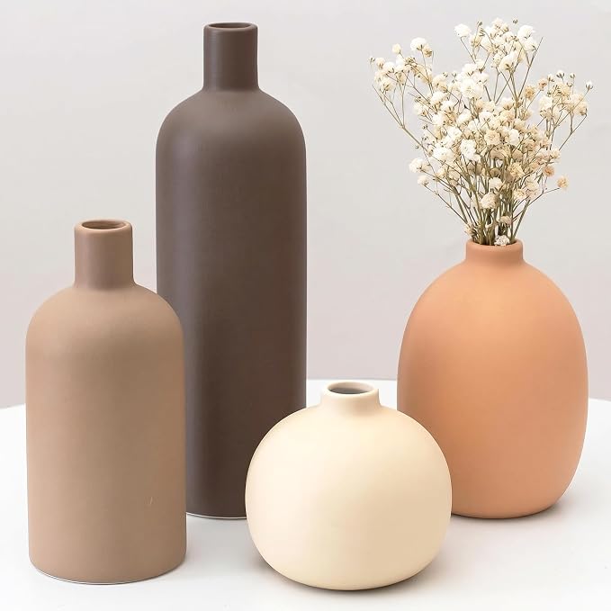 Neutral Ceramic Vase Set of 4, Modern Colors Home Decor, Rustic Farmhouse Decorative Flowers Vases for Bouquet, Pampas | Table Mantel Centerpiece Bookshelf Living Room Bedroom (Neutral Mix Set of 4)