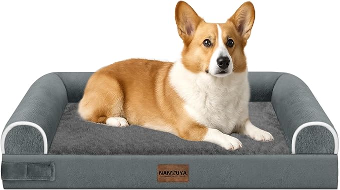 Orthopedic Dog Bed for Medium Dogs, 30 x 20 Inch, Dark Grey | Egg crate foam for joint support, 3-sided bolster pet sofa, waterproof lining, washable cover, and non-skid base