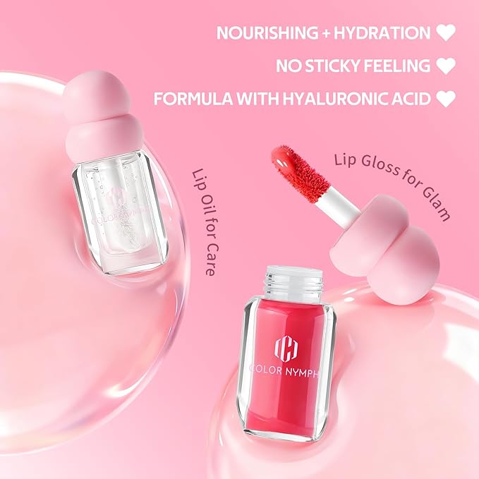 Color Nymph Lip Gloss & Lip Oil Set, Hydrating Non-Sticky Lip Makeup, Nourishing Lip Care with Jojoba Oil & Hyaluronic Acid, Glossy Pigmented Finish, #05 Reckless Love