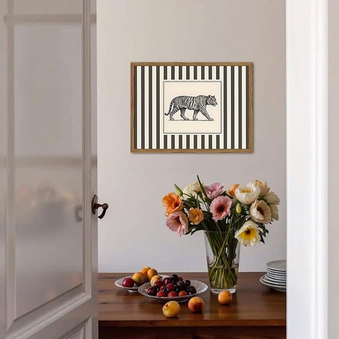 Vintage Tiger Wall Art Wildlife Wall Decor Pictures Black and White Stripe Jungle Animal Poster Canvas Painting Print for Bedroom Living Room Bathroom 12x16 inch Wood Framed