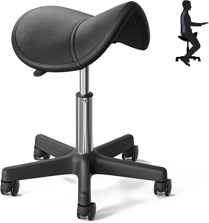 CLORIS Saddle Rolling Stool Hold up to 400 LBS Height Adjustable Swivel Chair Nylon Feet with Wheels for Spa, Massage, Salon, Home, Office, Medical, Tatoo, Bar Black