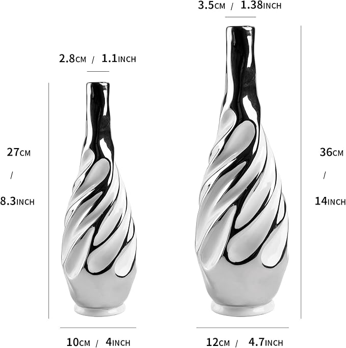 Yundu Ceramic Vase Set of 2, White with Silver, Modern Home Décor, Living Room, Dried Flowers, 14x6x6 inches