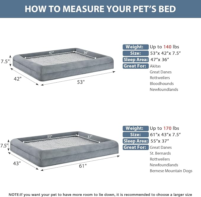 WNPETHOME Giant Dog Bed Orthopedic for Senior Dog Bed Comfy Sleeping | Washable Waterproof Dog Couch with Removable Cover, Large Pet Sofa Bed with Bolster Sides for Relaxing Grey 61x43 Inch