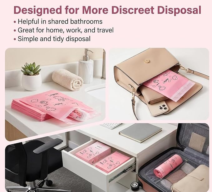 [110 Count] Bynibiny Pink Feminine Hygiene Disposal Bags for Pads & Tampons | PE Self-Sealing Sanitary Napkin Bags with Adhesive Strip, 29x17cm, Teddy Bear Print, Discreet for Bathroom, Travel, Office
