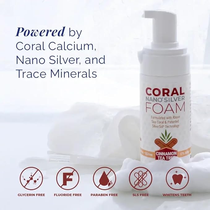 Coral Nano Silver Foaming Toothpaste – Fluoride Free Natural Remineralizing Tooth Foam – Whitening, SLS & Glycerin Free with Xylitol & Coral Calcium – Cinnamon Flavor (4oz, 3-Month Supply)