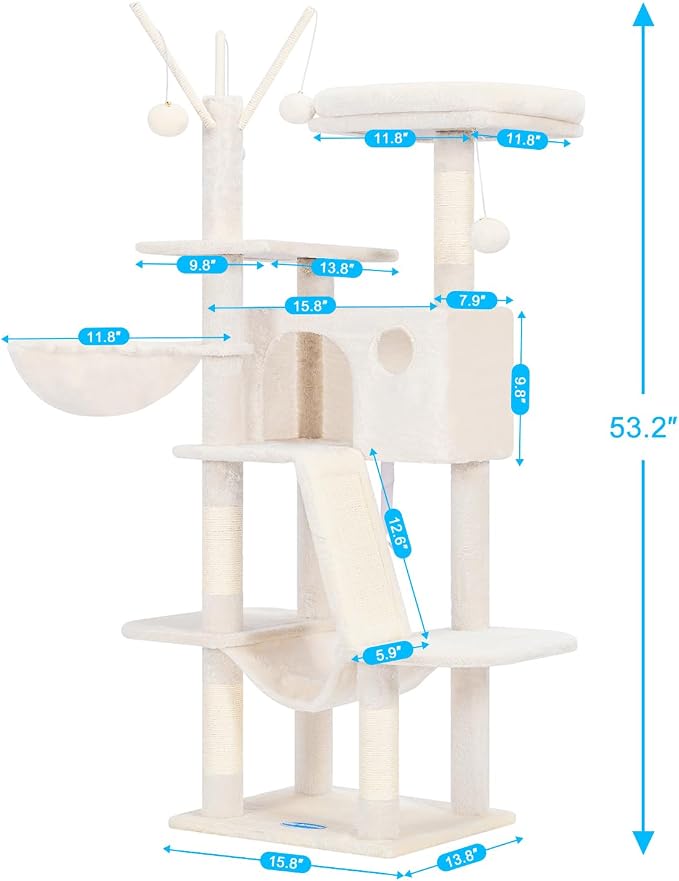 Hey-brother Cat Tree Tower with Padded Platform Bed, Hammock, MPJ019-SM | 53 Inches Cat House with Large Cozy Condo, Toy Balls and Sisal Scratching Posts for Indoor Multi-Cats, Beige