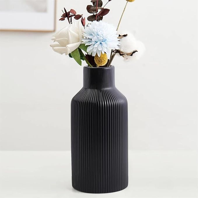 Bohemian Black Ceramic Vase - for Pampas Grass, Mantel, Bookshelf, Entryway and Living Room Decor (Black, 8in)
