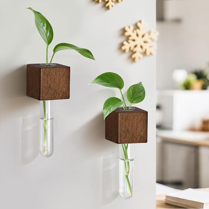 Magnetic Test Tube Flower Vases for Refrigerator, Set of 2 | 2-Pack wooden magnetic vases in a dark wood finish for fresh cuttings and plant propagation. Plant not included.