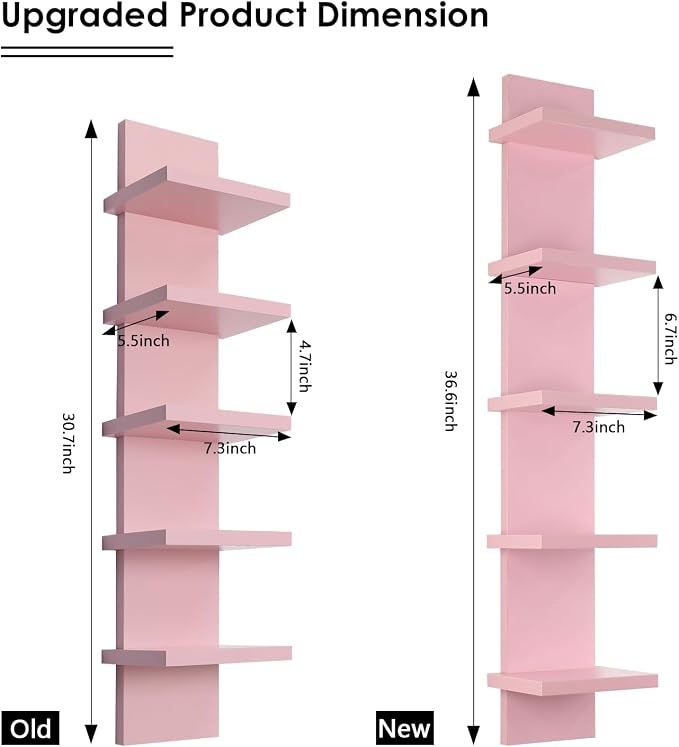 5 Tier Floating Wall Shelf, Pink | Modern Vertical Shelving Pink Room Decor Corner Shelf for Entryway, Bedroom, Bathroom, Study Room and Living Room
