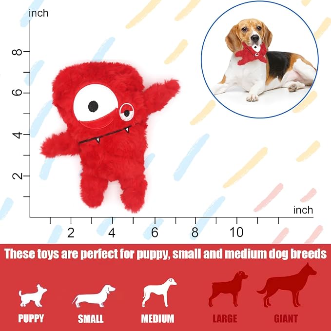 Monster Stuffed Squeaky Dog Toy, Crinkle Dog Plush Toy, Red | Soft Lightweight Toy for Fetch and Chew, Interactive Outdoor Indoor Play for Tug, Birthday Gift, For Puppy Small Medium Dog