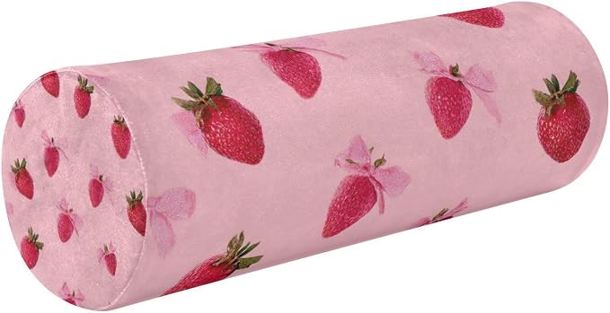 Red Strawberry Bows Neck Roll Pillow Bolster Round Health Memory Foam Long Cervical Cylinder Pillows with Removable Washable Cover for Body Bed Legs Back Yoga