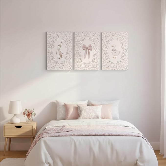 Baby Girl Nursery Wall Art Set of 3, Vintage Cottage Core Nursery Decor, Pink Bow Rabbit Goose Poster Print, Cute Floral Animal Canvas Pictures for Girls Room Kids Bedroom Framed 12x16 Inch