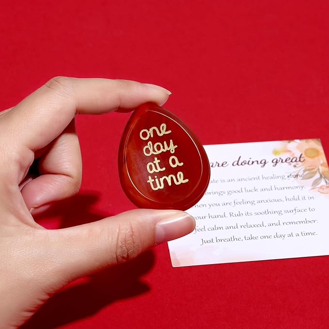 ZHIYUXI One Day at A Time Red Carnelian Agate Thumb Worry Stone for Anxiety Crystals Hand Thumb Stones Pocket Thinking of You Gifts for Women Inspirational Worry Stones for Stress Relief