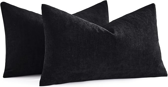 MIULEE Black Chenille Couch Lumbar Throw Pillow Covers, 12x20 | Set of 2, Soft Halloween Home Decor, Modern Farmhouse Decorative Pillowcases for Sofa Living Room Bed