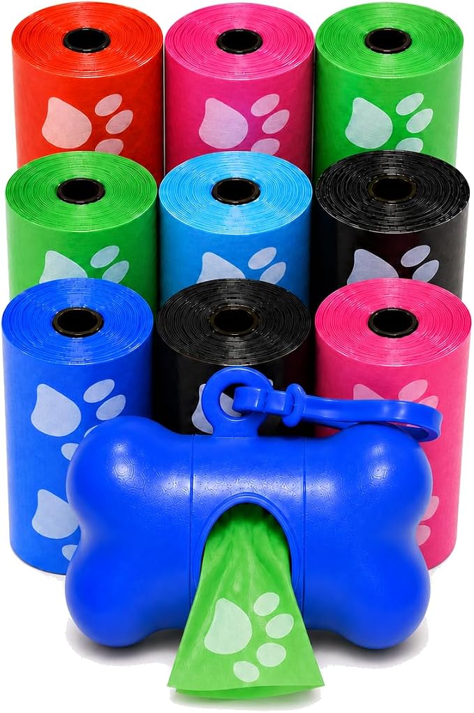 Downtown Pet Supply Poop Bags for Dogs with Dispenser, 180 Count - Leak-Proof Dog Waste Bags and Bone-Shaped Dog Poop Bags Holder for Leash - Rainbow with Paw Prints, 12.5" x 8.5"