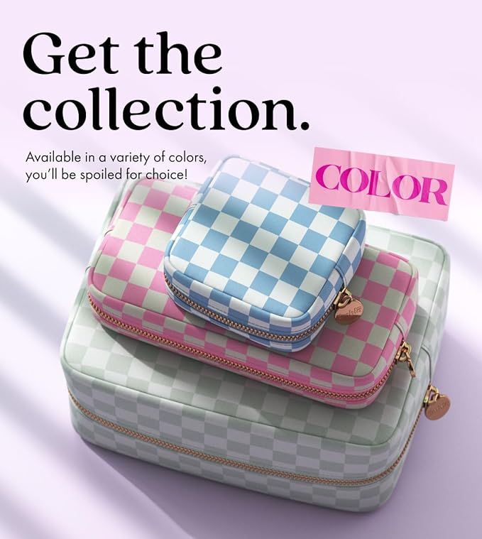 Embla Makeup Bag Travel Cosmetic Bag, Toiletry Bag, Cute Makeup Organizer, Nylon Zipper Pouch Purse Storage Bag Cosmetics Organizer, Womens Make Up Bag Mini Makeup Bags (Sky Checkered)