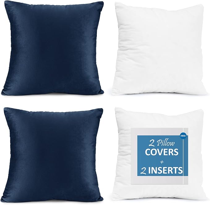 Throw Pillow Inserts Pack of 2 with Velvet Soft Solid Decorative Square Throw Pillow Covers Set for Sofa Couch Car Bedroom, 24X24 Throw Pillows Inserts with 22x22 Washable Cushion Covers, Navy Blue