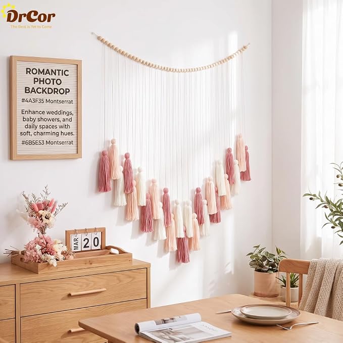 DrCor Blush Pink Tassel Garland – Boho Nursery Decor | Macrame wall hanging for baby girl nursery, toddler room. Rose gold boho decor.