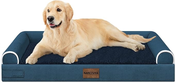 Orthopedic Dog Bed for Large Dogs, 36 x 27 Inch, Navy Blue | Egg crate foam for joint support, 3-sided bolster pet sofa, waterproof lining, washable cover, and non-skid base