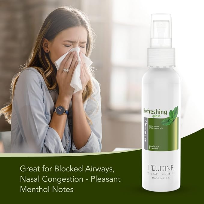 L’EUDINE Refreshing Splash - Pack of 3 - Air Freshener Spray – 4fl oz, Eucalyptus Spray for Body, Clothes, Bedding, Home, Car – Great for Blocked Airways, Nasal Congestion – Pleasant Menthol Notes