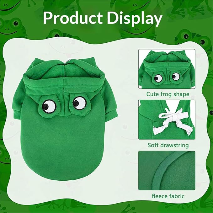 Fleece Lined Warm Dog Hoodie Green Frog Design Costume Pet Sweatshirt, XXL | Autumn Winter Spring Summer Cute Design Pet Clothing For 2-25 lbs Dog Cat French Bulldog Chihuahua Pug Poodle Dachshund