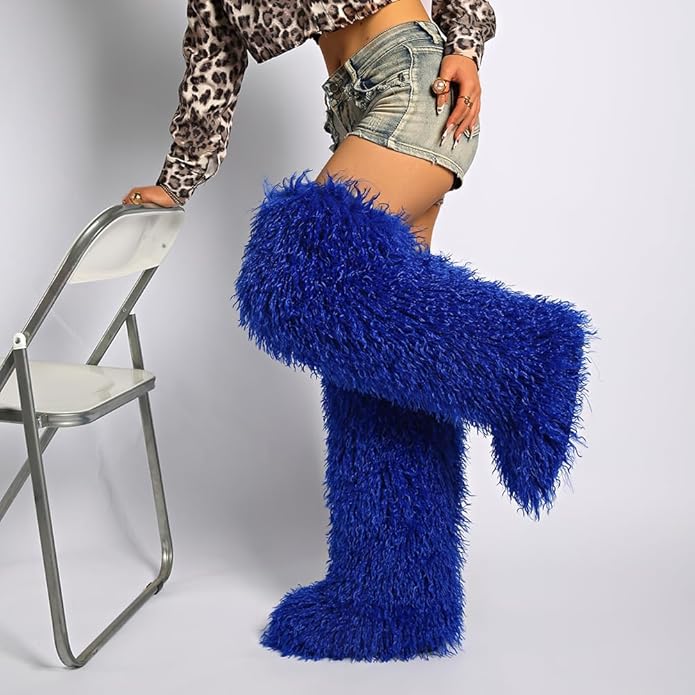 SWEETHEART BEAUTY Thigh High Shagy Teddy Fur Boots, 29 Inch Over the Knee Length Fluffy High Boots, Tall Furry Shoes For Women