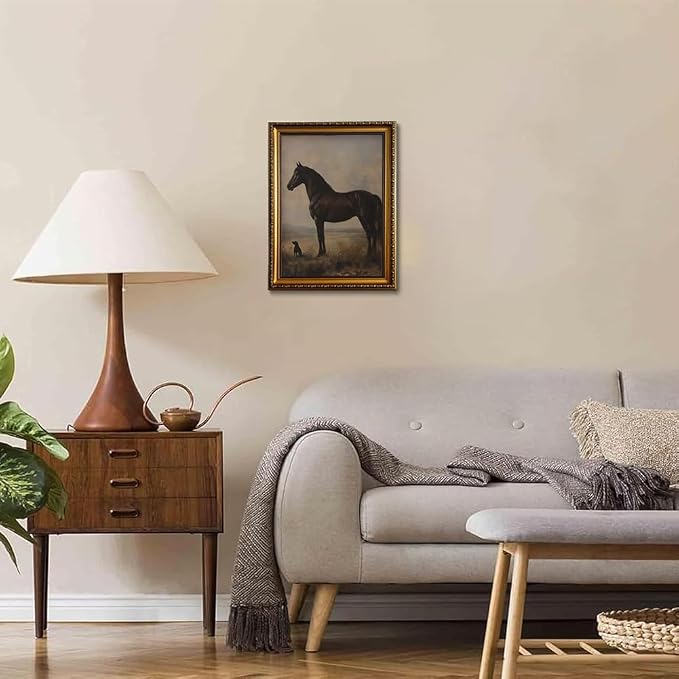 Vintage Equestrian Gold Framed Wall Art Black Horse Gundog Wall Decor Art | Antique Victorian Animal Picture Canvas Art Western Country Paintings Small Framed Prints Artwork for Bookshelf Gallery Wall