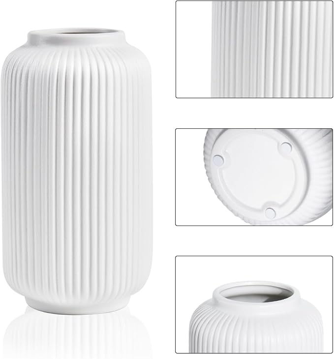 White Ceramic Vase, 8 Inch Modern Flower Vase for Bouquet and Pampas Grass, Matte Frosted Large Opening Decorative Vase for Farmhouse Table, Shelf Decor