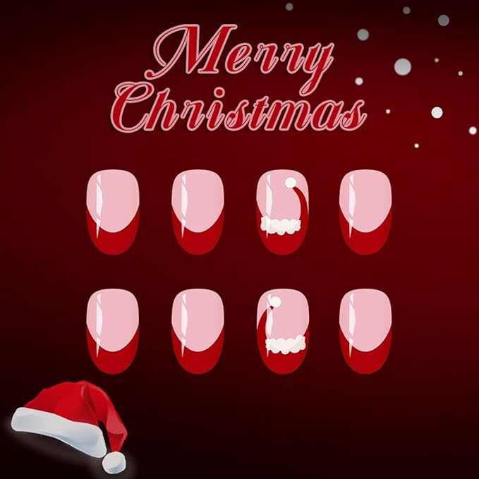 Christmas Press on Nails Red French Tip Fake Nails with Hat Design Short Almond Glue on Nails Glossy Full Cover Artificial Acrylic False Nail Xmas Stick on Nail for Women Manicure 24Pcs