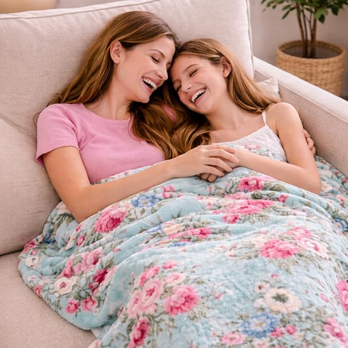 Spring Velvet Fleece Floral Throw Blanket: Rose Garden of Pink Blue Green Flowers on a Colorful Soft Cozy Aqua Design, Oversized 50" x 70"