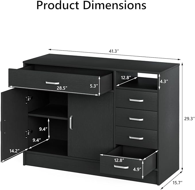 5-Drawers Salon Furniture Salon Storage Station, Free Standing Cabinet for Hair Stylist, Beauty Spa Furniture w/1 Large Capacity Cabinet & 1 Open Shelf, Spa Bathroom Equipment, Black