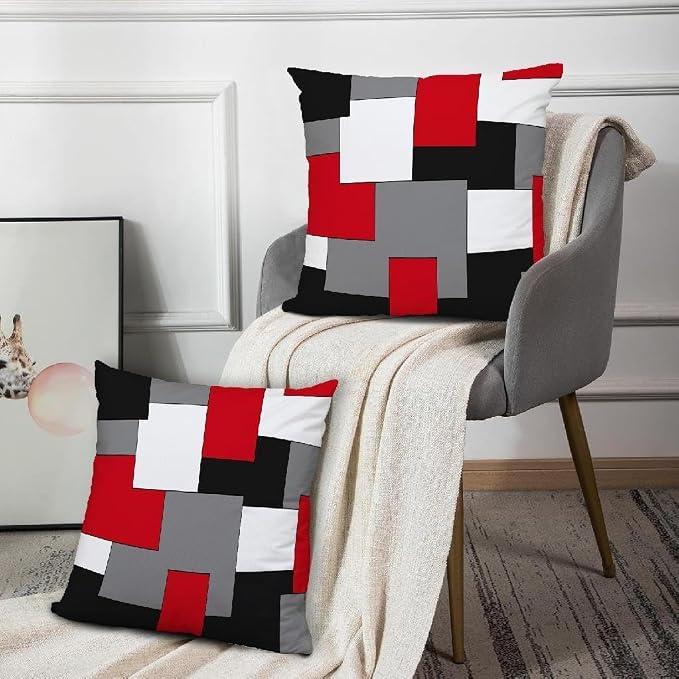 Modern Art Geometric Pillow Cover, Decorative Throw Pillow Covers Red Black Grey Abstract Artwork Cushion Cover for Bedroom Sofa Living Room 22 x 22 Inch Set of 2