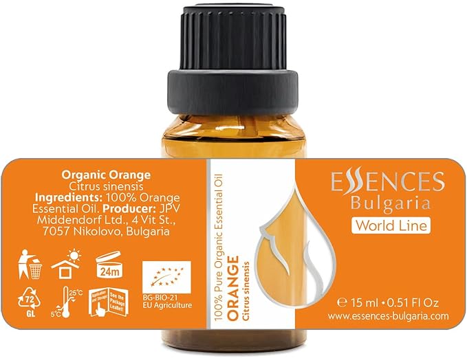 Essences Bulgaria Organic Orange Essential Oil 0.51 Fl Oz 15ml Citrus sinensis - 100% Pure and Natural Undiluted Therapeutic Grade Home Aromatherapy Humidifier Vegan Cosmetic Skincare Candles