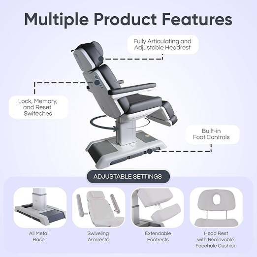 Massage Tools Spa Luxe Medical Exam Procedure Chair - Electric Hydraulic Adjustable w/ Trendelenburg Position - Exam Chair w/ 440 lbs Capacity, Equipment for Medical Practices - Black, Model 2218BN