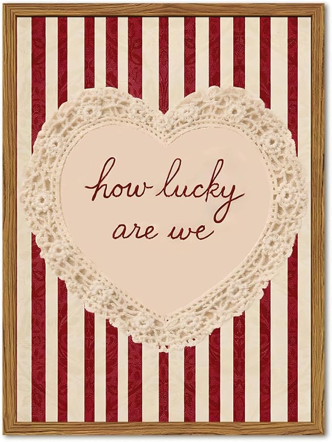 Framed How Lucky Are We Wall Art, Vintage Red Striped Pictures Wall Decor, Romantic Lace Heart Quote Paintings Canvas Prints Coquette Home Decor for Living Room Bedroom Bathroom 12x16 inch