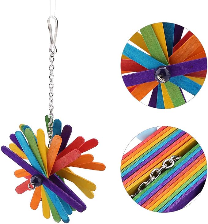 Colorful Interactive Bird Chew Stick Toy, Hanging Wooden Chew Toy for Parrots, Parakeets, Cockatiels, Conures, Lovebirds, 8.7x4.7in