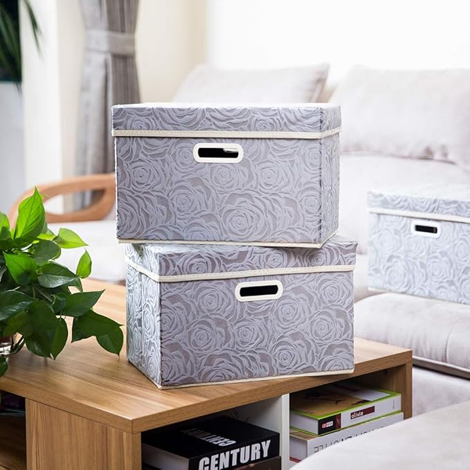 Collapsible Storage Boxes with Lids Fabric Decorative Storage Bins Cubes Organizer Containers Baskets with Cover Handles Divider for Bedroom Closet Living Room 14.9x9.8x9.8 Inch 1 Pack