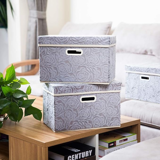 Foldable Storage Bins with Lids [5-Pack] Fabric Decorative Storage Box Cubes Organizer Containers Baskets with Cover Handles Divider for Bedroom Closet Living Room Grey 14.9x9.8x9.8 Inch