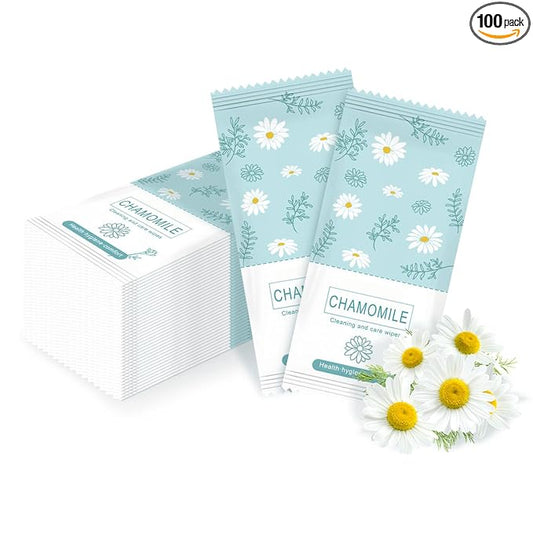 Travel Feminine Hygiene Wipes, Individually Wrapped Wipes, 100 Pack | Chamomile pH-Balanced Feminine Wipes, Individually Wrapped Portable Large Hygiene Wipes for Friends & Homeless Care