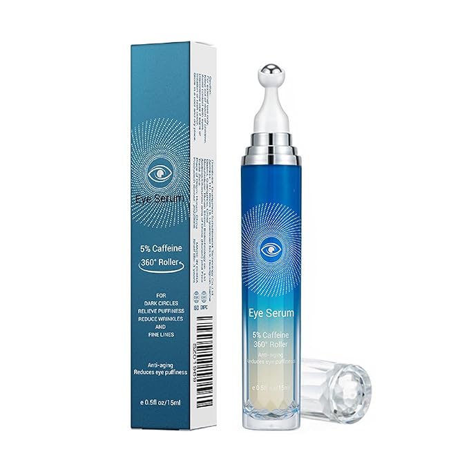 5% Caffeine Eye Serum, Anti-Aging Under Eye Roller Cream for Dark Circles Puffiness Wrinkles and Fine Lines, Korean EyeCare Cream with 360°Massage Ball, EyeBags Treatment for Men and Women