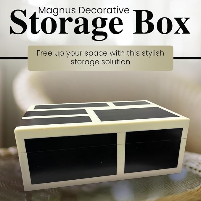 Perilla Home Decorative Wooden Storage Box Black and Off-White (8" l X 5" b X 3" h) Small Keepsake Jewelry Box, Gift Box for Decor Memory Boxs, Modern Art Fabric Storage Bin, Birthday Gift (Magnus)