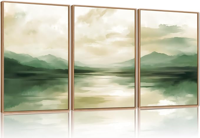 FWIEXA Sage Green Abstract Canvas Wall Art Set of 3, Framed Beige White Landscape Painting, Neutral Watercolor Mountain Prints, Nature Mountains Lake Prints, 24x36In Artwork for Living Room, Bedroom