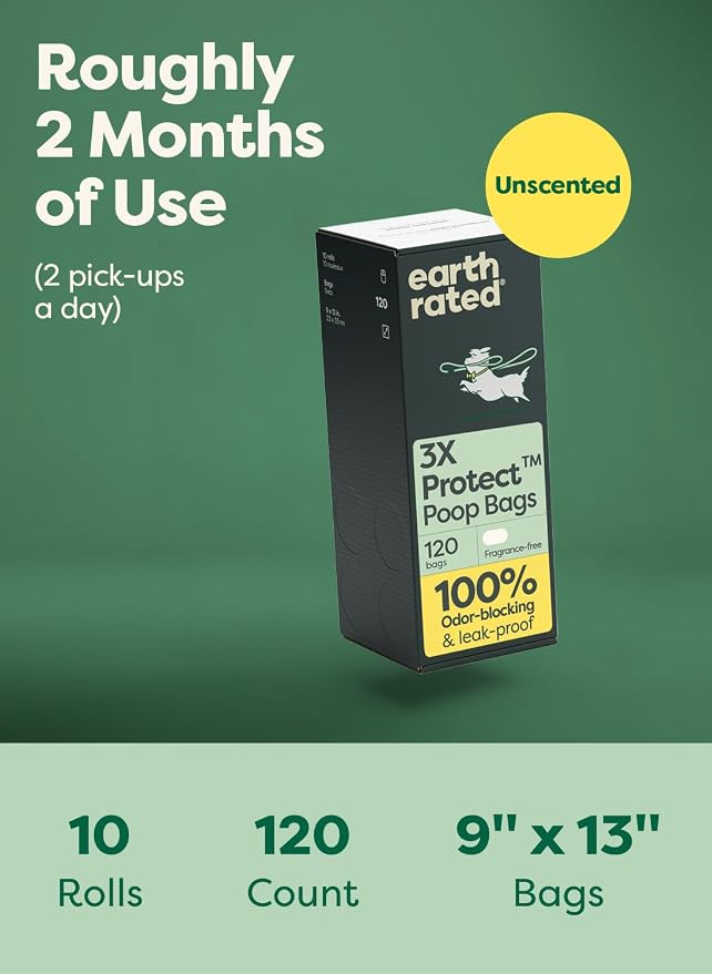 Earth Rated 3X Protect Dog Poop Bag Rolls, Odor Blocking Leak Proof Extra Thick, Unscented, 120 Count | Leak Proof Extra Thick