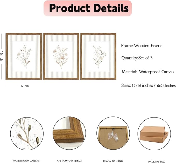 Neutral Wildflower Wall Art Set of 3, Vintage Flower Botanical Wall Decor Canvas Prints Pictures, Rustic Cottagecore Striped Floral Painting for Living Room Bedroom 16x24 Inch Wood Framed