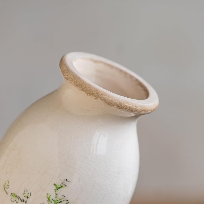Teweiqi Ceramic Rustic Farmhouse Vase, Distressed Floral Pattern, Holds Water, With Handle, 7.8 inches